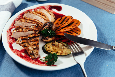 Grilled vegetables and chicken fillet. Traditional cuisine. Grilの写真素材
