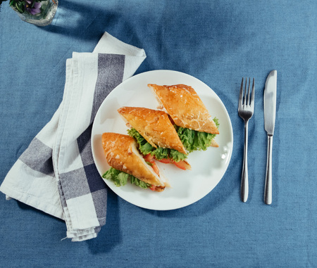 Healthy sandwich cut into pieces to show tasty ingredients salamの写真素材