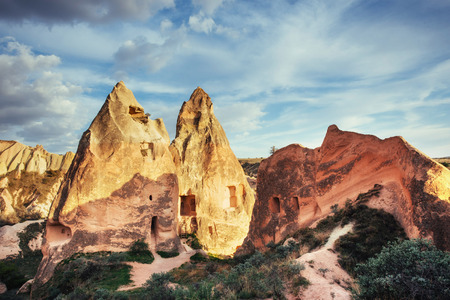 Unique geological formations in valley in Cappadociaの写真素材
