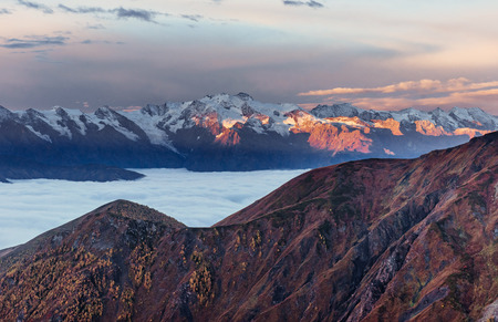 Thick fog on the mountain pass Goulet. Georgia, Svaneti. Europe.の写真素材