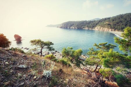 sea between mountainsの写真素材