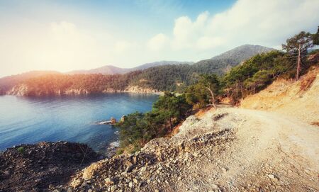 sea between mountainsの写真素材