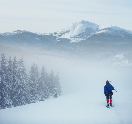 hiker with snowshoes in winter. Carpathian, Ukraine Europeの写真素材