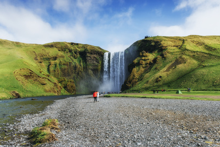 Great waterfall Skogafoss in south of Iceland near the town of Skogarの写真素材