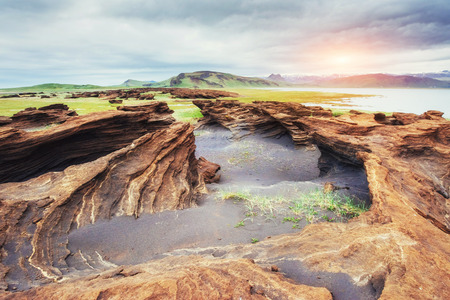 volcanic rocks in Iceland. Sunset. Beauty world.の写真素材