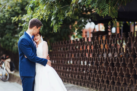 portrait of happy wedding couple outdoors.の写真素材