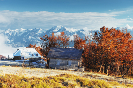 Carpathian mountain landscape with wooden farmhouse. October mouの写真素材