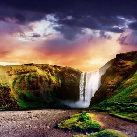 Great waterfall Skogafoss in south of Icelandの写真素材