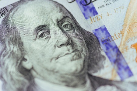 close up of Franklin on 100 dollars billの写真素材