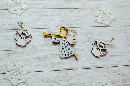Christmas decorations on wooden white background. Happy New Yearの写真素材