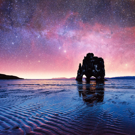 Hvitserkur 15 m height. Fantastic starry sky and the Milky Way oの写真素材