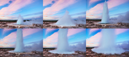 Collage Strokkur geyser eruption in Iceland. Fantastic transluceの写真素材