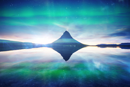 The picturesque sunset over landscapes and waterfalls. Kirkjufelの写真素材