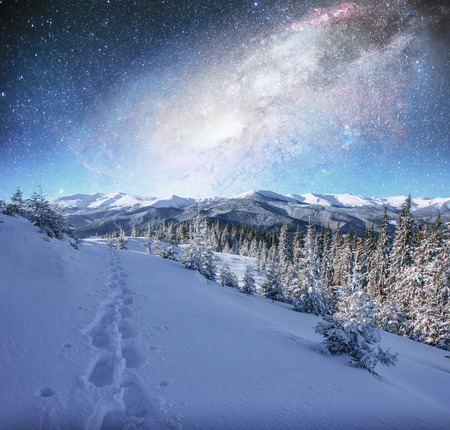 starry sky in winter snowy night. fantastic milky way in the Newの写真素材