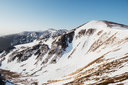 magical winter snow covered tree. Sunset in the Carpathians. Ukrの写真素材