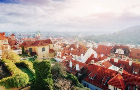 The red roof in Prague. Panoramic viewの写真素材