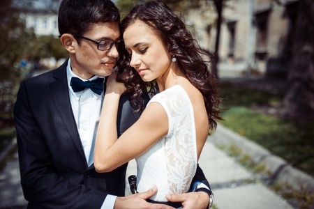 happy and loving couple walking and make photo in the old cityの写真素材