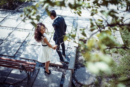 happy and loving couple walking and make photo in the old cityの写真素材