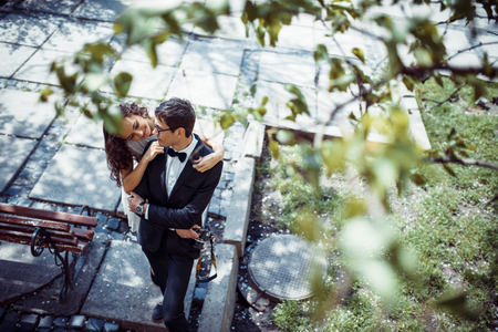 happy and loving couple walking and make photo in the old cityの写真素材