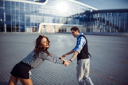 man and woman good time at the airportの写真素材