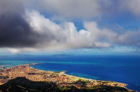 Spring panorama of sea coast city Trapany. Sicily, Italy Europeの写真素材