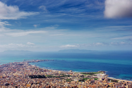 Spring panorama of sea coast city Trapany. Sicily, Italy Europeの写真素材