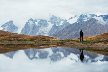 Landscape on mountain lake Koruldi. Upper Svaneti, Georgia, Europe. Caucasus touristsの写真素材