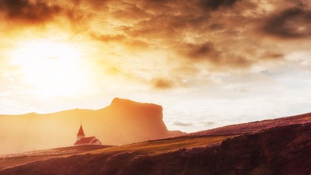 Typical Rural Icelandic Church at Sea Coastline. Horizontal shotの写真素材