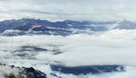 Thick fog on the mountain pass Goulet. Georgia, Svaneti. Europe. Caucasus mountains