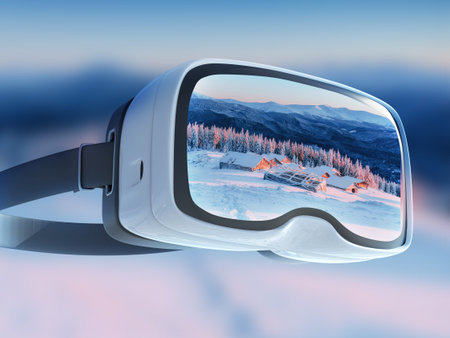 Virtual reality headset, double exposure, Winter mountains majestic landscape. Pine trees covered...