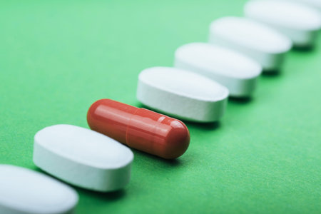 Medical white pills and brown capsules for the treatment and health care on a green background.の写真素材
