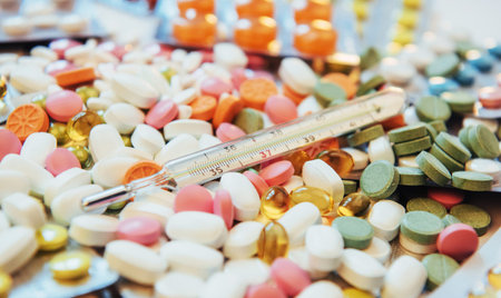 Thermometer and different colored types of pills. Medical health or drugs concept.