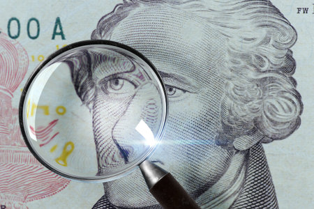 Dollar under a magnifying glass isolated on white background