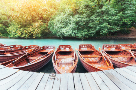 Wooden Boats on Plitvice Lakes in Croatiaの写真素材