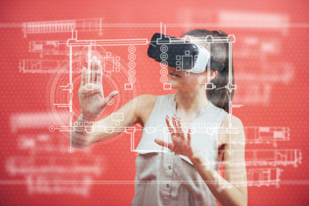 Happy woman in the studio gets the experience of using VR-glasses virtual reality headset....