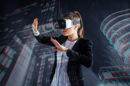 Young girl getting experience VR headset, is using augmented reality eyeglasses, being in a virtual...