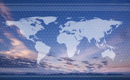 Worldwide business concept double exposure. analyzing a futuristic head-up display HUD with a world map and graph indicator about international sales, Internet of Things, technologicalの写真素材