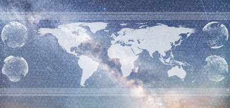 Worldwide business concept double exposure. analyzing a futuristic head-up display HUD with a world...