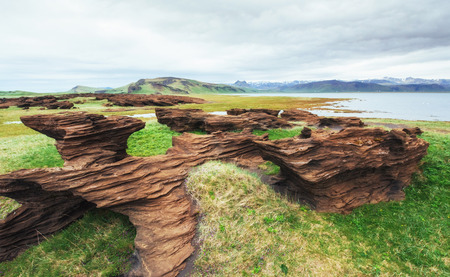 Scenic view of volcanic rocks in Icelandの写真素材