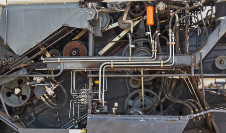 Harvesters and combine parts at the plant are waiting for sales, tractors and agricultural...
