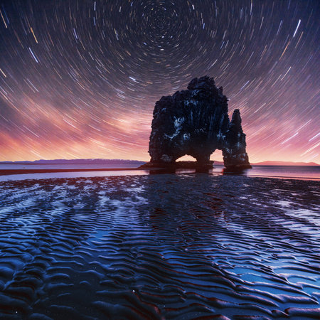 starry sky in a spectacular rock in the sea on the Northern coast of Iceland. Legends say it is a...