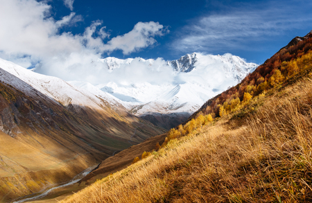 Thick fog on the mountain pass Goulet. Georgia, Svaneti. Caucasus mountainsの写真素材