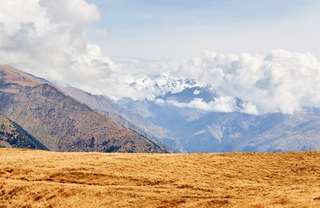 Thick fog on the mountain pass Goulet. Autumn Landscape. Georgia, Svaneti. Caucasus mountainsの写真素材