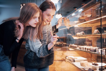 Two happy attractive girls choosing delicious ganaches, praline and chocolates.の写真素材
