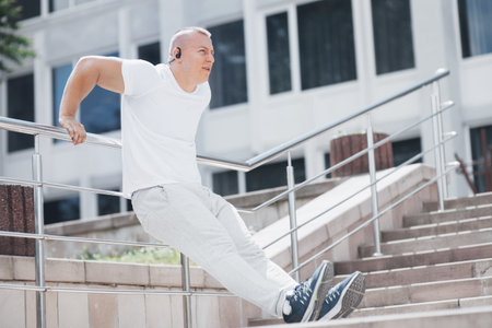 A handsome fitness man in a sportswear, doing stretching while preparing for serious exercise in the...