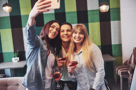 Picture presenting happy group of friends with red wine taking selfie.