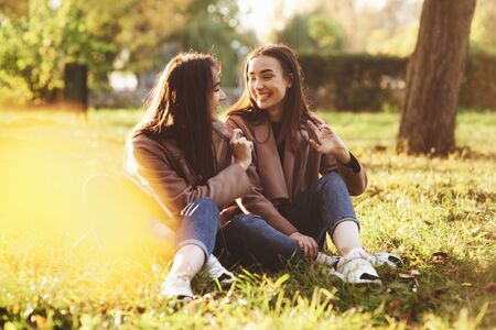 Young smiling brunette twin girls sitting on grass with legs crossed and slightly bent in knees wearing casual coat, chatting, looking at each other at autumn sunny park on blurry background.の写真素材