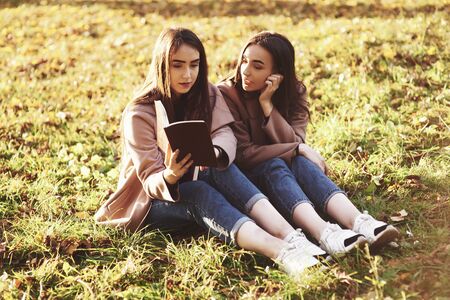 Young pretty brunette twin girls sitting on the grass with legs slightly bent in knees and looking in a brown book, wearing casual coat in autumn sunny weather on blurry background.の写真素材