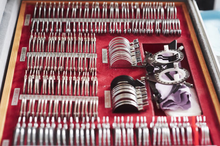 Detailed photo of lenses for the ophthalmology in the red case.