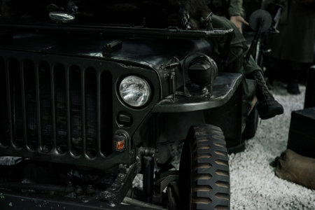 SINSHEIM, GERMANY - OCTOBER 16, 2018: Technik Museum. Military black jeep on the exhibition. Front...